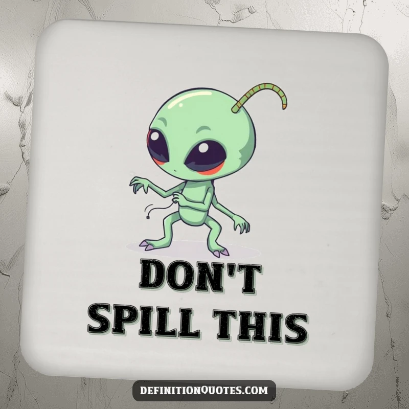 Funny clumsy alien tripping over its long bendy antennae on drink coasters, providing humorous protection for tables.