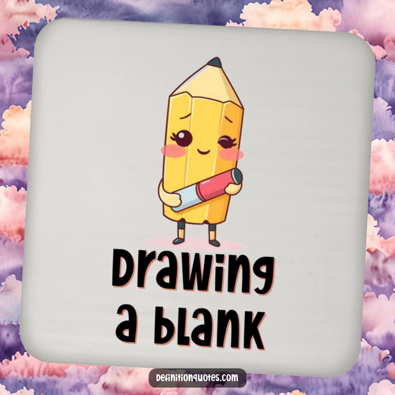 Funny drink coaster set featuring a blushing pencil and eraser character hilariously trying to draw itself, protecting surfaces with wit.