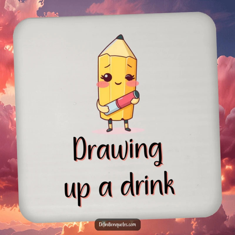 Funny drink coaster showing a blushing pencil character attempting to draw its own likeness, great for surface protection.