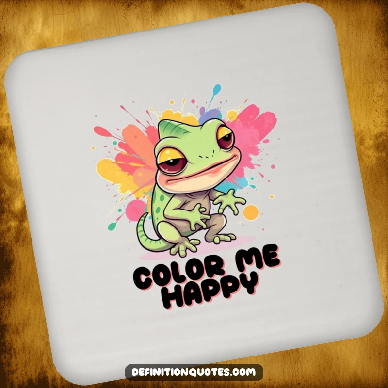Funny drink coaster depicting a sly chameleon trying to blend into a paint splatter, a humorous and artistic addition to any table.
