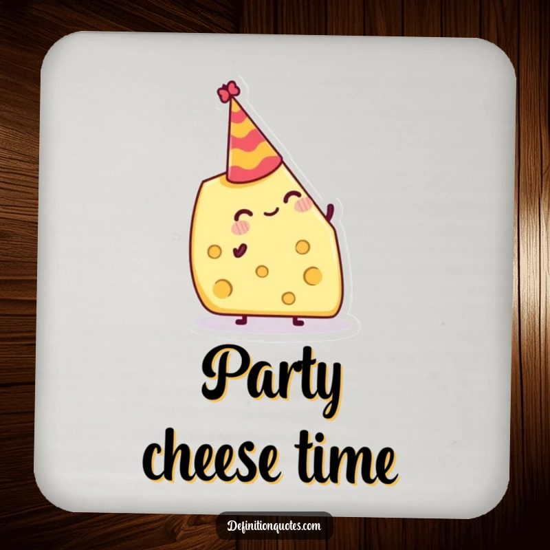Funny Drink Coaster: Jolly cheese wedge attempting to balance a tiny party hat, bringing cheesy humor to surfaces.