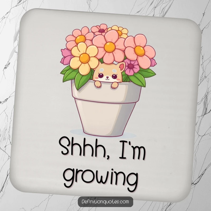 Funny drink coaster featuring a small creature peeking from a giant flower pot, adding humor to your table.