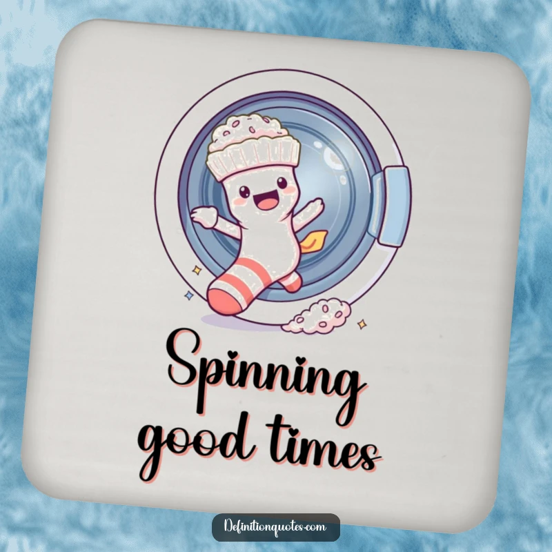 Funny sock character escaping a washing machine, leaving fluff, as a humorous drink coaster.