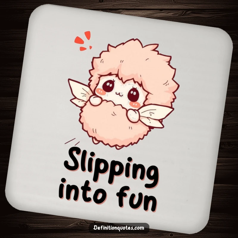 Funny bewildered slipper character with paper wings attempting flight, on a drink coaster.