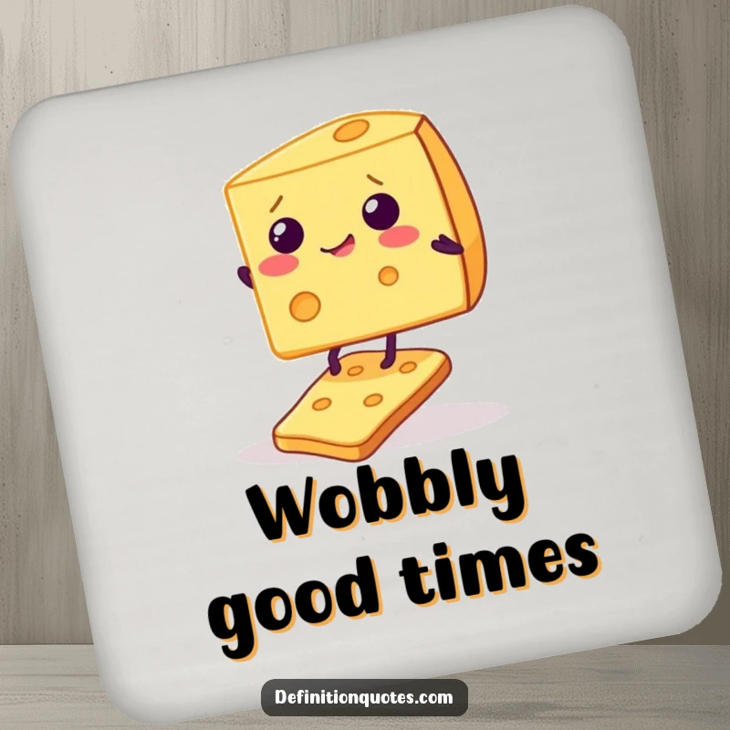 Funny drink coaster showing a giggling cheese wedge balancing on a cracker, protecting surfaces with a side of food-related humor.