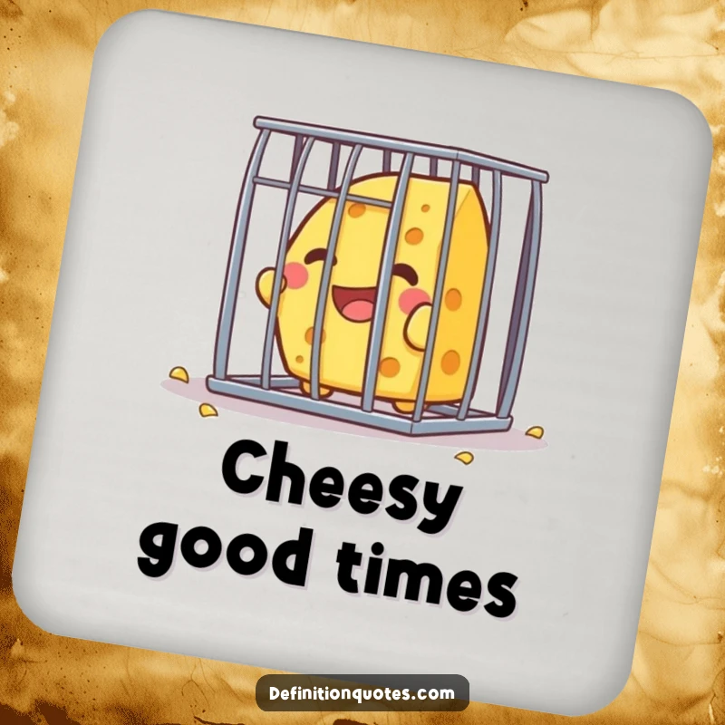 Funny Kawaii cheese character, joyfully breaking free from a tiny cage, depicted on a drink coaster for humorous protection.