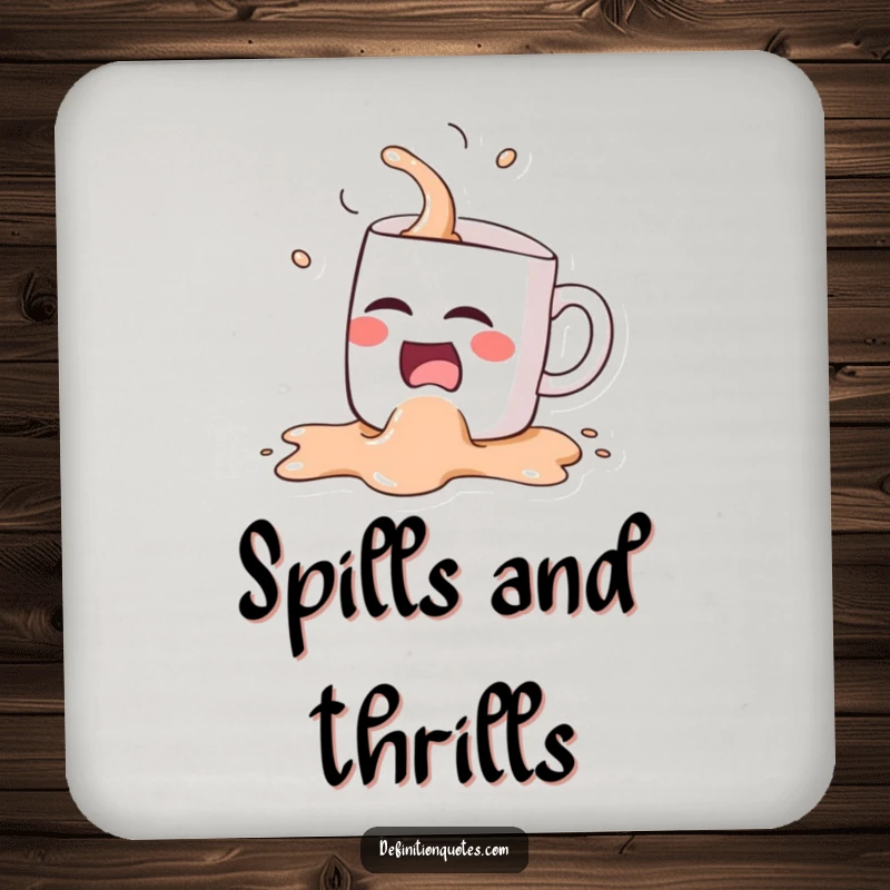 Funny Kawaii coffee mug character, hilariously spilling itself while laughing, depicted on a drink coaster.