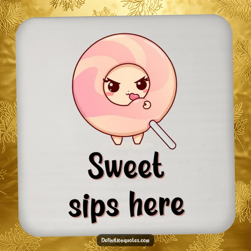 Funny shy donut character peeking from behind a lollipop, as a humorous drink coaster.