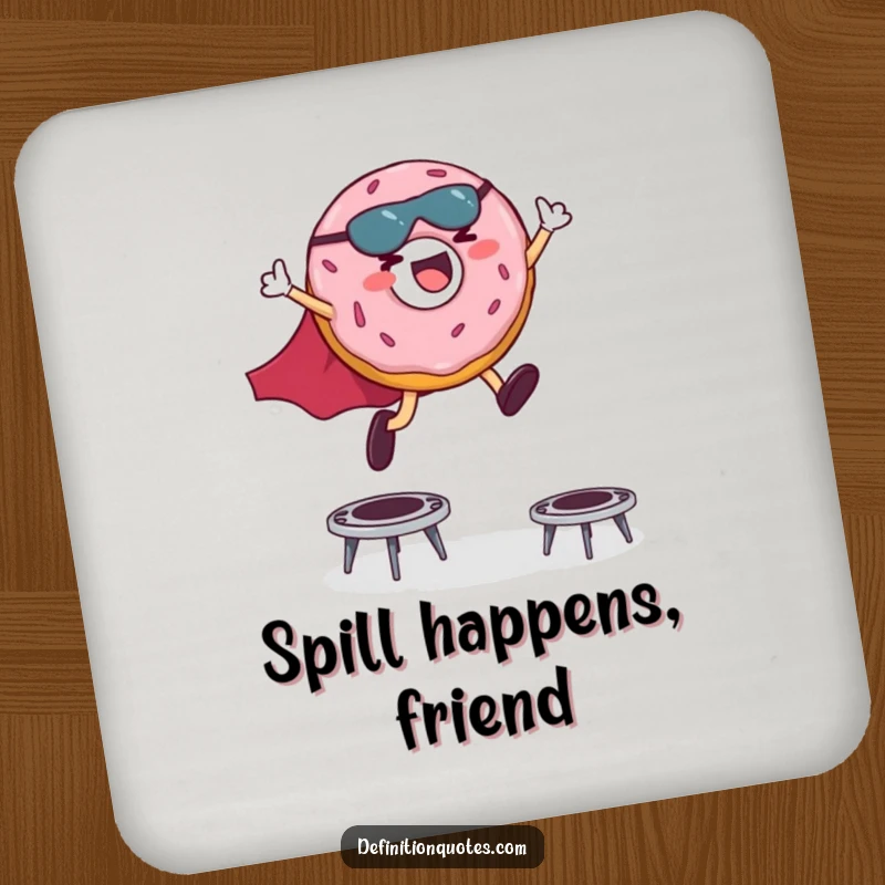 Funny drink coaster showing a giggling donut superhero in a cape leaping over miniature trampolines, a humorous design.