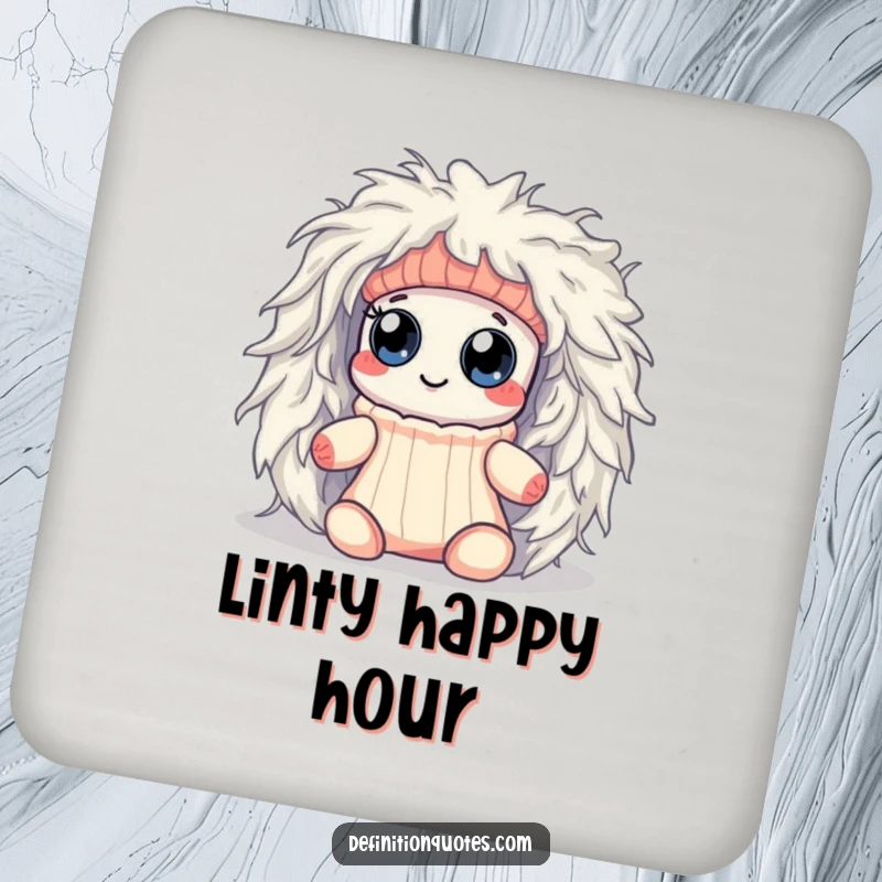 Funny Kawaii sock character with googly eyes, hilariously trapped in a dryer lint monster, depicted on a drink coaster.