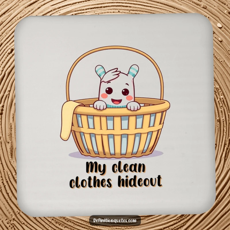 Funny drink coaster with a cheeky sock puppet peeking from an empty laundry basket, guarding against spills with style.