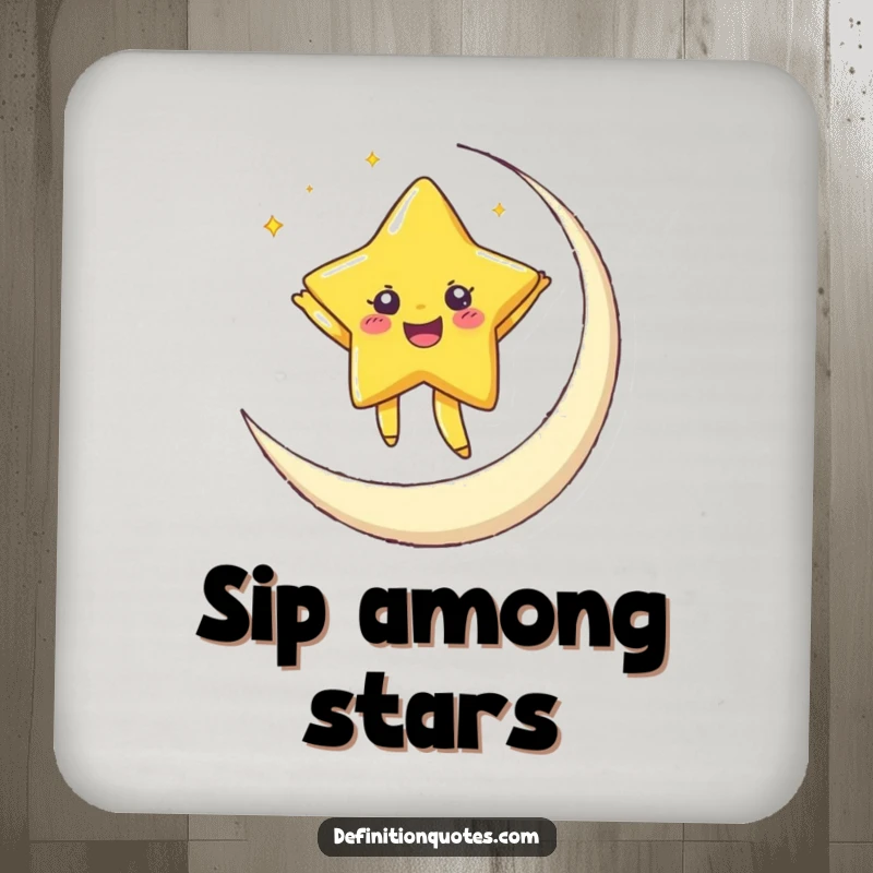 Funny drink coaster showing a joyful star character dancing on a crescent moon, great for surface protection.