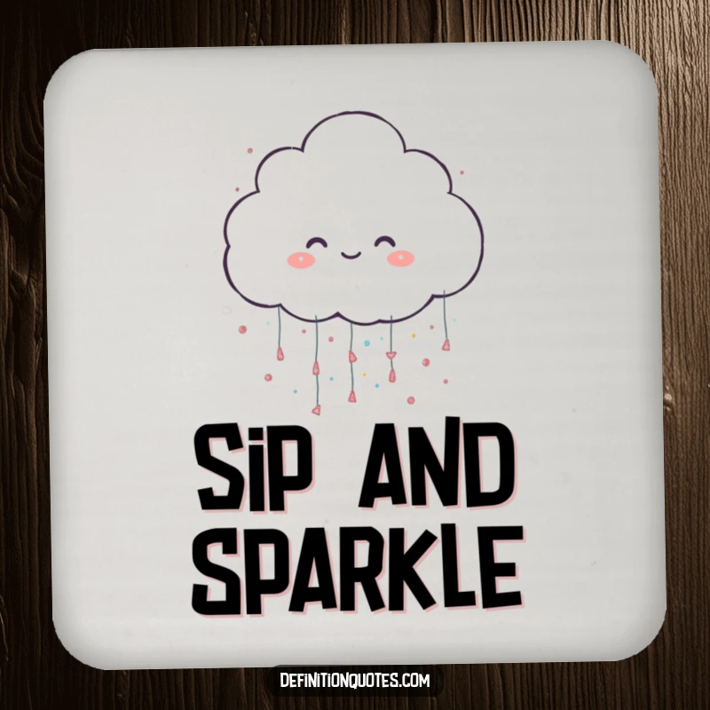 Funny drink coaster showing a happy cloud character showering oversized glitter, protecting surfaces with whimsical charm.