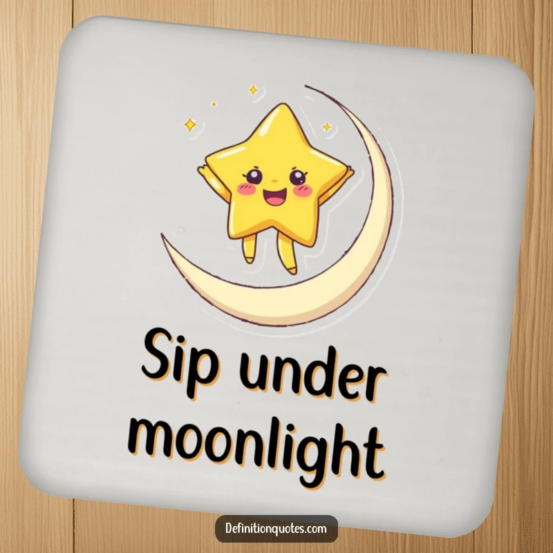 Funny drink coaster set featuring a joyful star dancing on a crescent moon, adding celestial charm and surface protection.