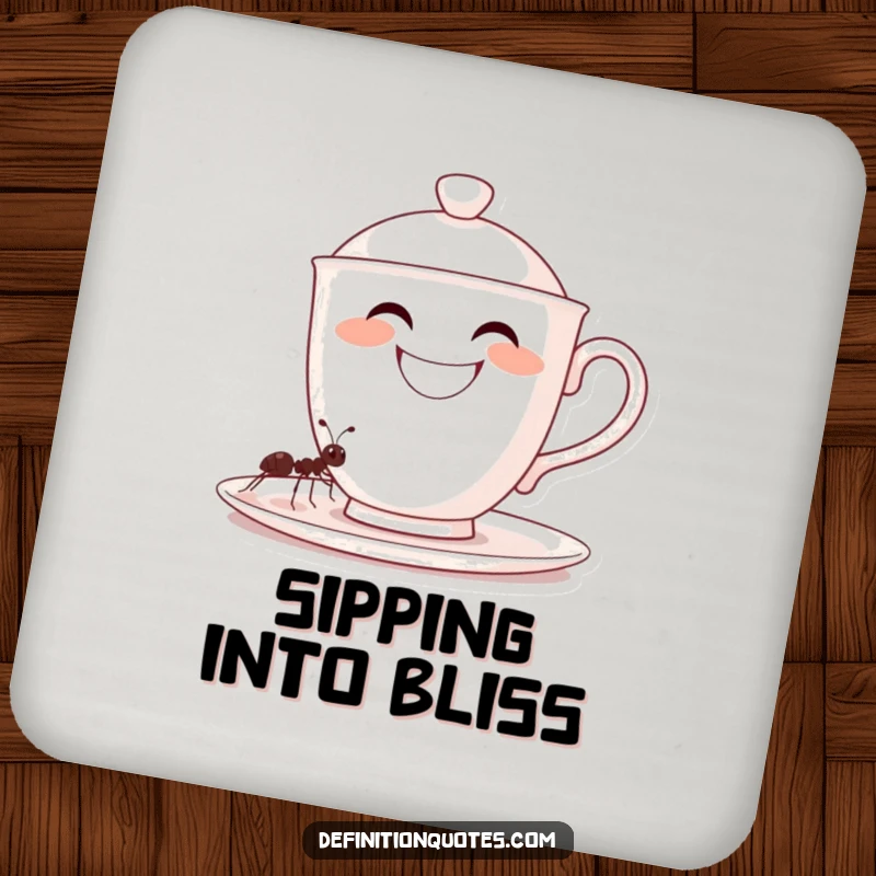 Funny, grinning oversized teacup character being filled by a tiny ant, on a protective drink coaster, a cute funny gift.