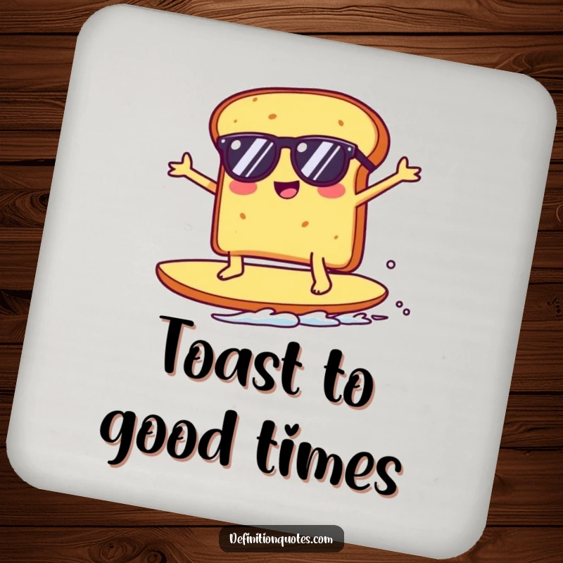 Funny Kawaii toast character in sunglasses surfing a giant crumb, depicted on a drink coaster, offering protection with a humorous visual.