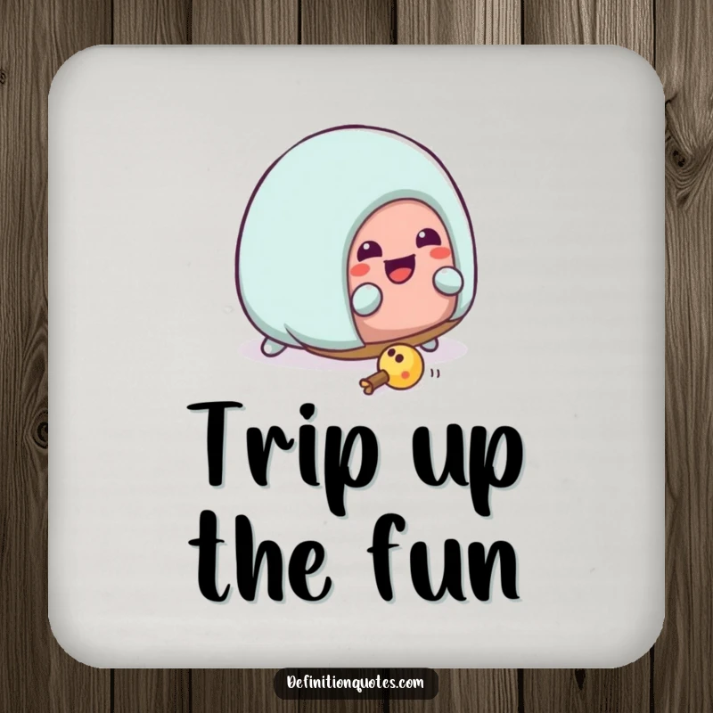 Funny Kawaii house slipper character hilariously tripping over its laces on a protective drink coaster. A humorous accessory.