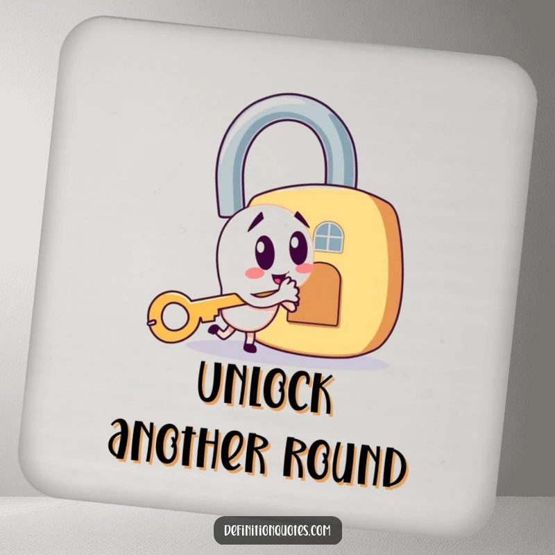 Funny drink coaster showing a mischievous key character trying to open a huge padlock, great for surface protection.