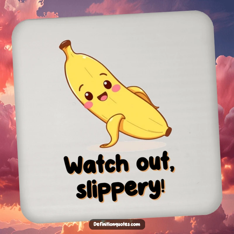 Funny banana character slipping on its peel, on a drink coaster.