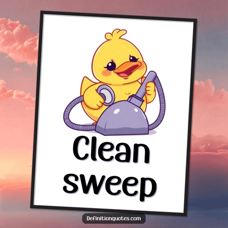 Funny terrified rubber ducky smiling, powering a giant vacuum cleaner, humorous wall art.