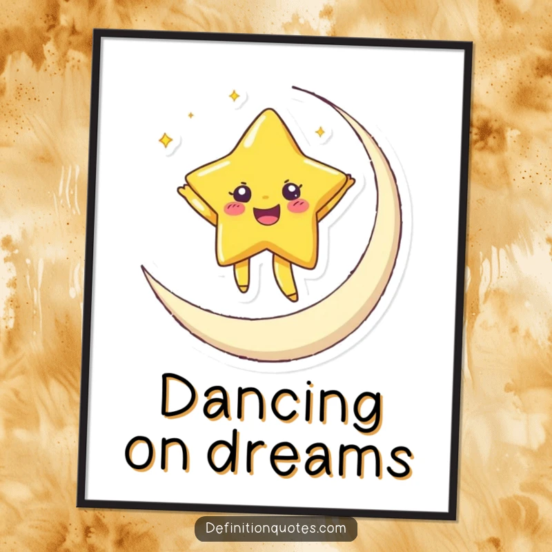 Funny poster featuring a joyful star with twinkling eyes dancing on a crescent moon, creating a magical and humorous celestial scene.