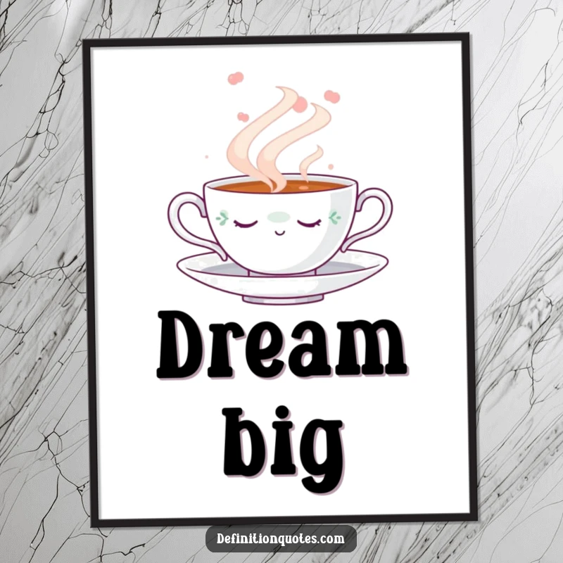 Funny Napping Teacup Poster: Wall art print of a cute teacup peacefully napping amidst a swirling cloud of steam, adding a funny, calming vibe.