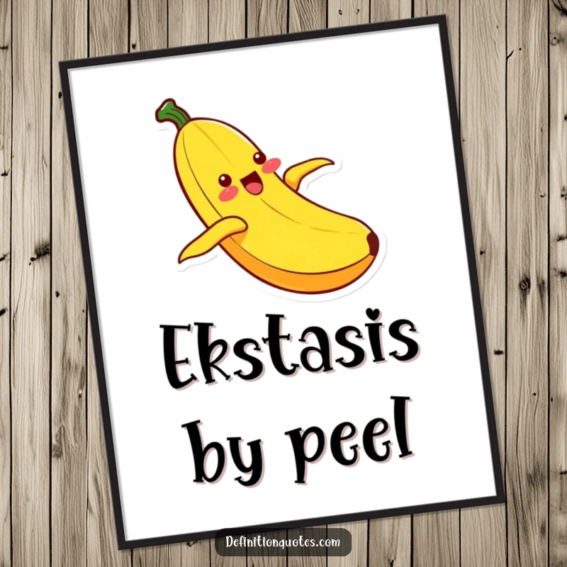 Funny Kawaii banana character in ecstatic motion, sliding down its peel, presented as vibrant and humorous wall art.