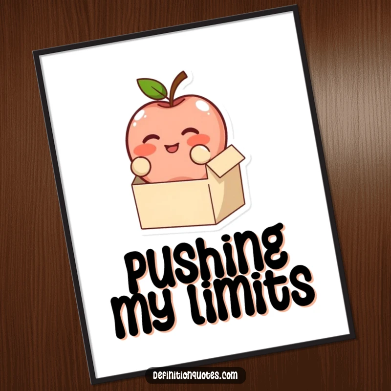 Funny, blushing apple character comically trying to fit, on a vibrant poster, a perfect funny gift.