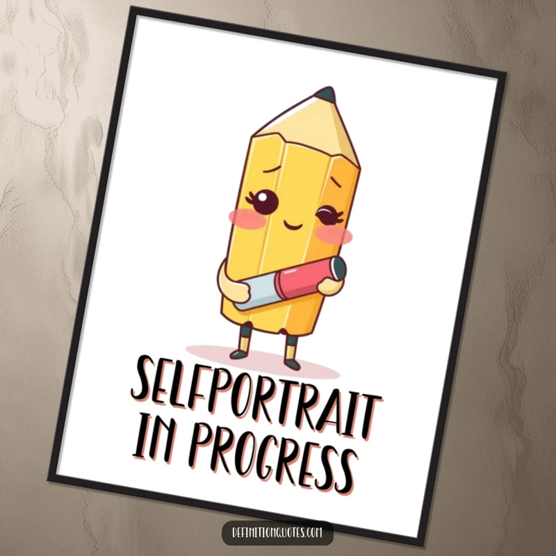 Funny poster print of a blushing pencil with an eraser, comically trying to draw itself, adding humor to any wall decor.