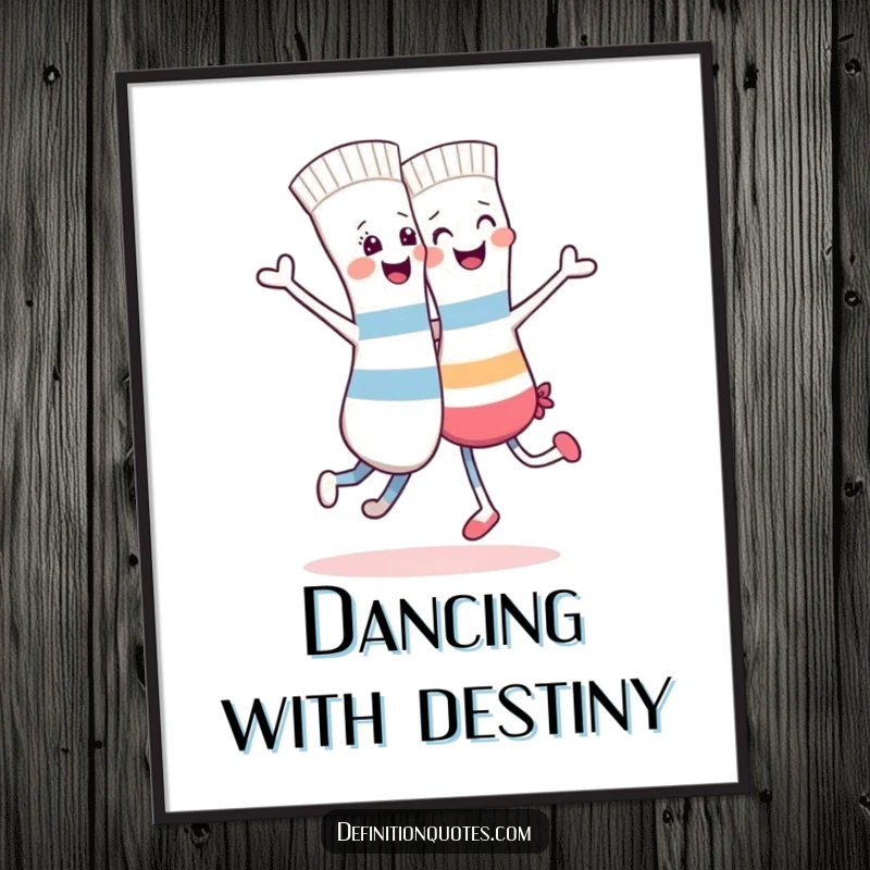 Funny wall art poster of a happy sock character enthusiastically dancing with a completely different, mismatched sock.