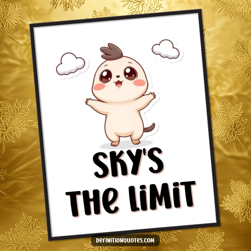 Funny Poster: A tiny creature with googly eyes enthusiastically juggling three small, fluffy clouds, creating a whimsical scene.