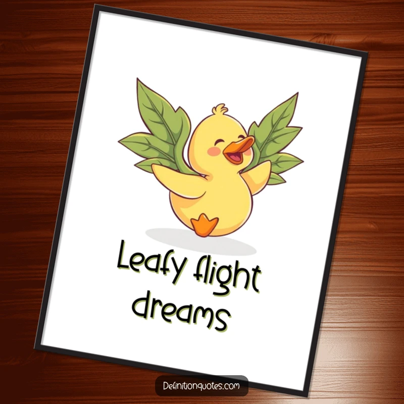 Funny rubber duck with comically large leaf wings, gleefully trying to fly, displayed as cheerful wall art.