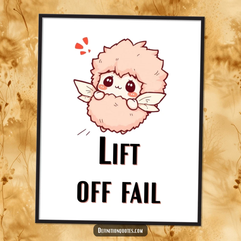 Funny bewildered fluffy slipper character with tiny paper wings attempting to fly, humorous wall art.