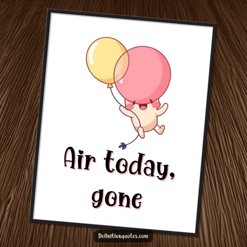 Funny Kawawai balloon character comically popping itself while attempting flight, rendered as a vibrant, humorous wall art poster.