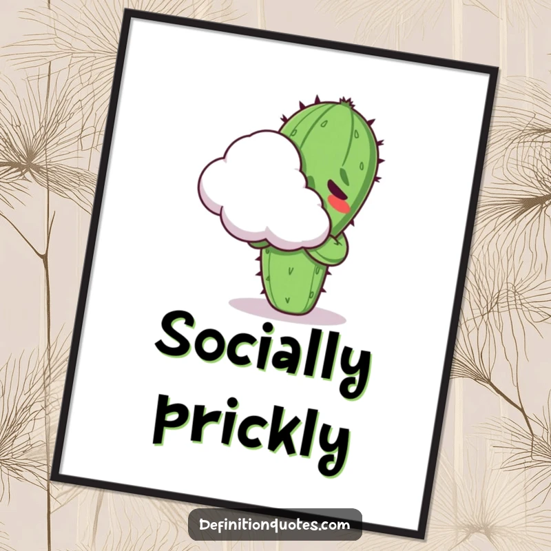Funny Kawaii cactus character, looking uncomfortable while attempting to hug a fluffy cloud, presented as vibrant wall art.