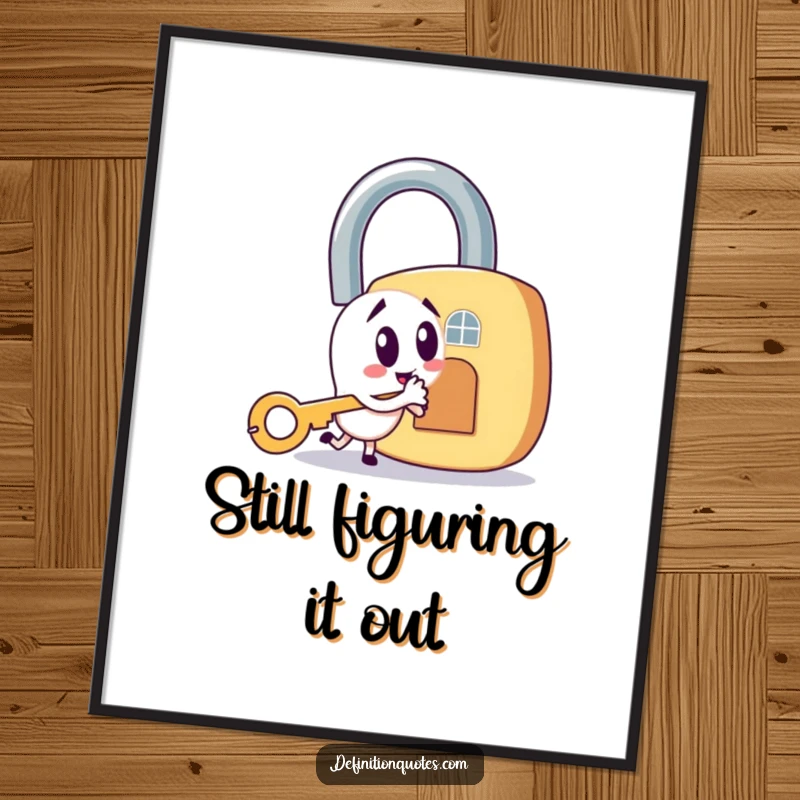 Funny poster showing a sly key character attempting to unlock a giant padlock, symbolizing a humorous quest or challenge.