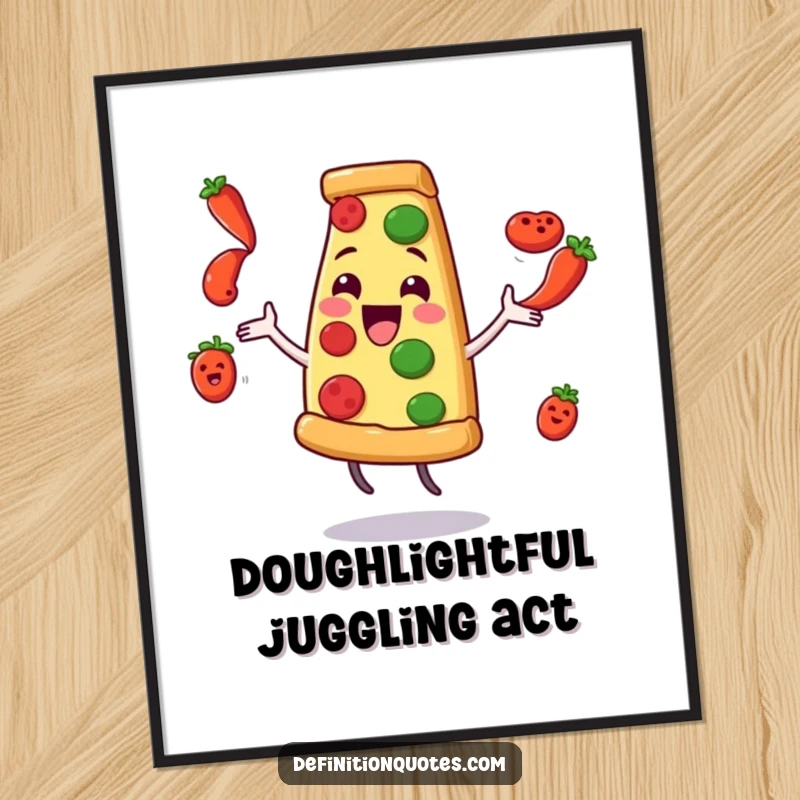 Funny Pizza Juggling Pepperoni Poster: A delighted pizza slice character comically juggles flying pepperoni, vibrant wall art.