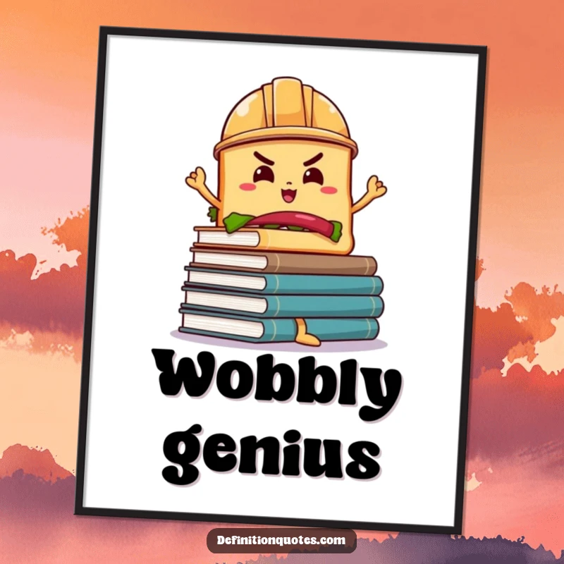 Funny Sandwich Book Balance Poster: A determined sandwich in a hard hat balancing a wobbly stack of books, framed for impact.