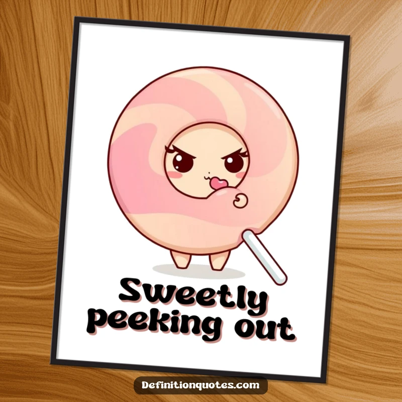 Funny shy donut character peeking from behind a giant, licked lollipop, displayed as charming wall art.