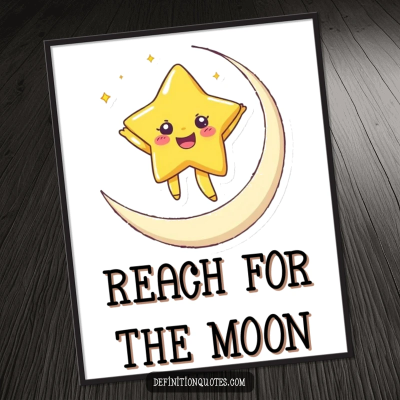 Funny poster depicting a cheerful star character joyfully dancing on a crescent moon, creating a magical scene.