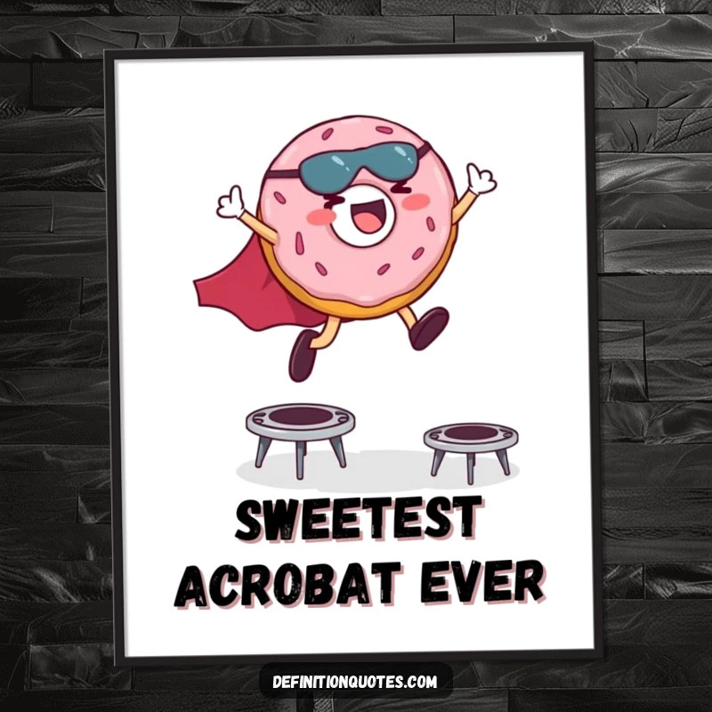 Funny poster art of a giggling donut hero in a cape leaping dynamically over miniature trampolines with boundless energy.