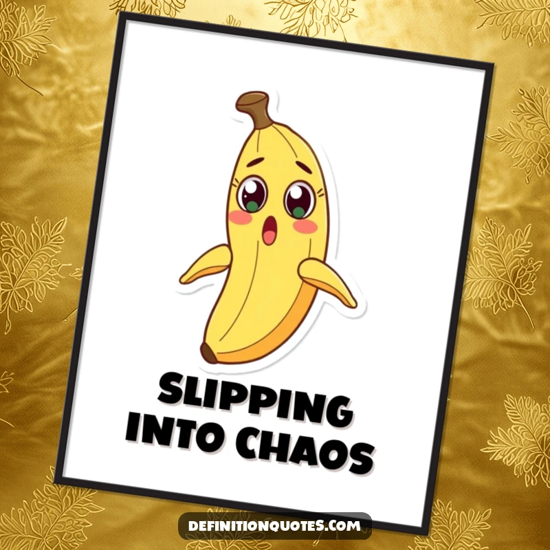 Funny poster showcasing a wide-eyed banana character, comically surprised by its own peel sliding.