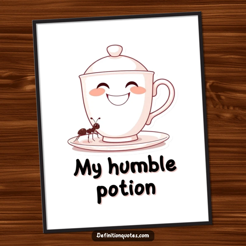 Funny, grinning oversized teacup character filled by a tiny ant, on a vibrant poster, a perfect funny gift.