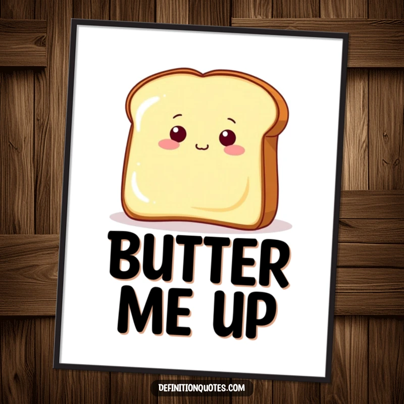 Funny piece of toast peeking from behind a massive butter pat on a poster, creating a whimsical and humorous breakfast scene.