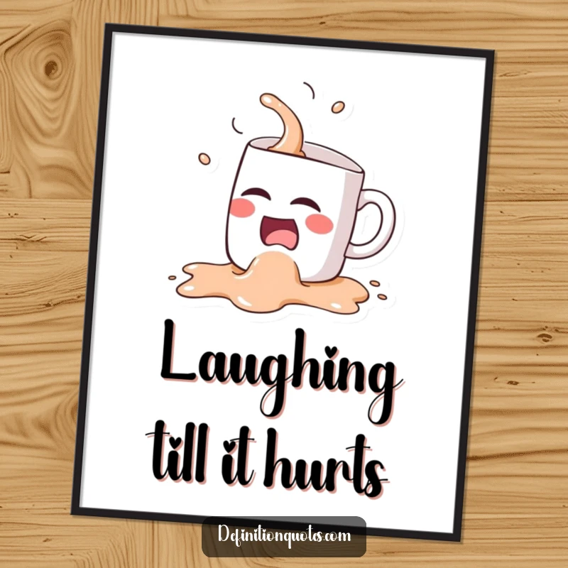 Funny Kawaii coffee mug character, spilling its coffee while laughing hysterically, presented as vibrant wall art.