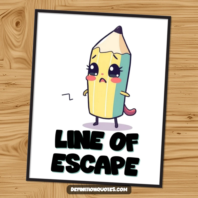 Funny poster print of a cute, nervous pencil character sketching its own escape route. Humorous artwork for walls.