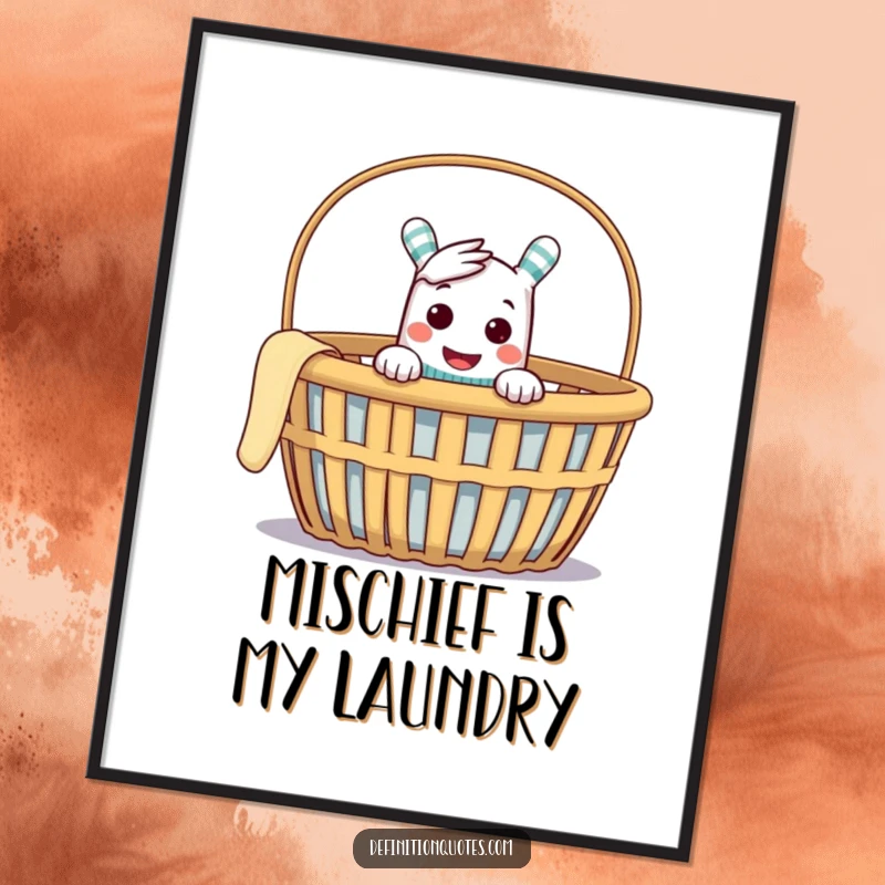 Funny poster artwork of a cheeky sock puppet peeking from an empty laundry basket, showcasing its mischievous personality.