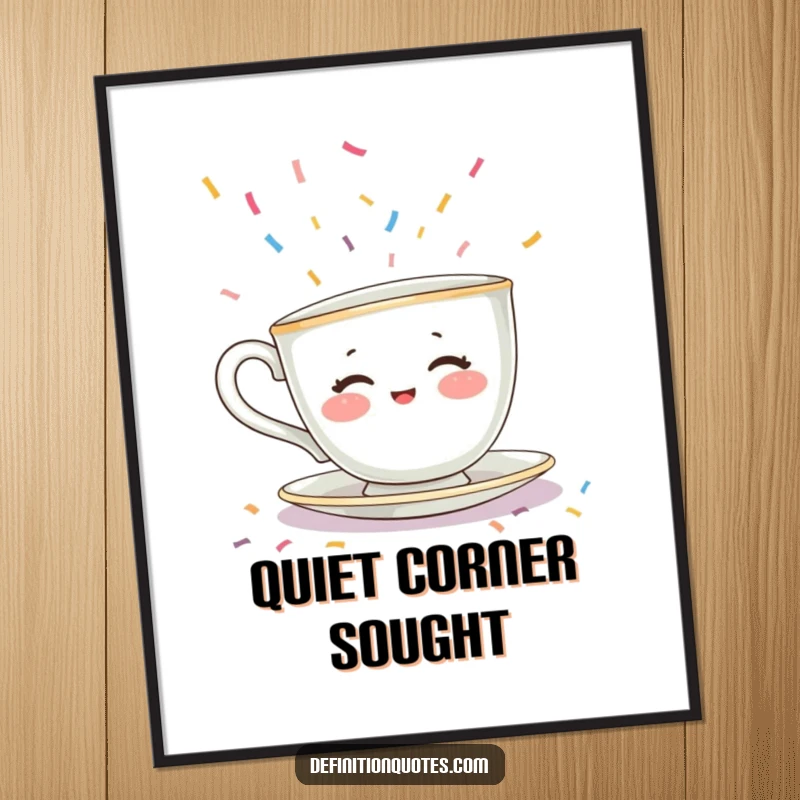 Funny poster depicting a shy teacup character with rosy cheeks hiding from falling confetti, a humorous and relatable wall art gift.