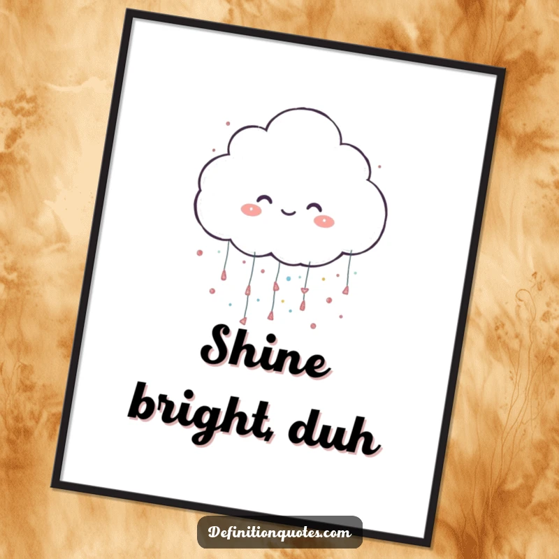Funny poster depicting a cheerful cloud character joyfully raining large, shimmering glitter, adding a magical touch to decor.