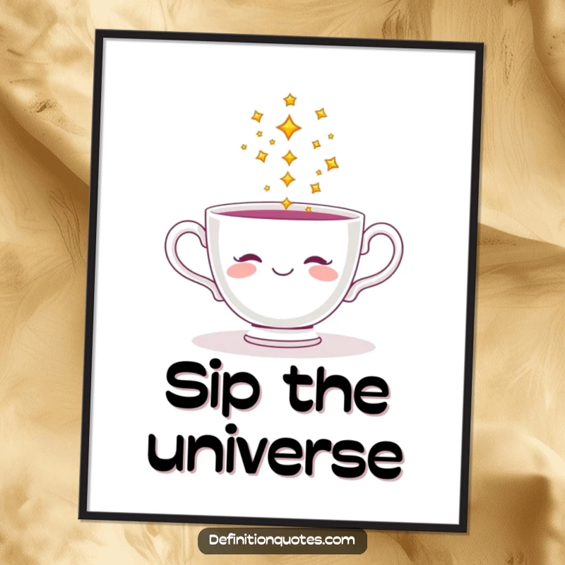 Funny poster of a smiling teacup pouring a delightful stream of tiny, sparkling stars, bringing whimsy to any wall.